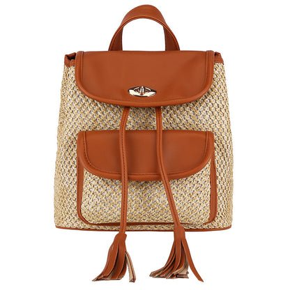 Straw Woven Mini Backpack with PU Leather Trim & Tassel Detail