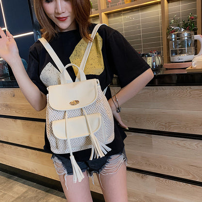 Straw Woven Mini Backpack with PU Leather Trim & Tassel Detail