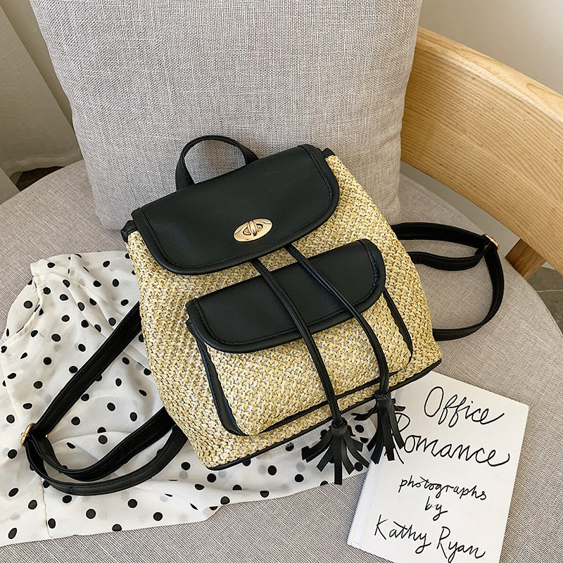 Straw Woven Mini Backpack with PU Leather Trim & Tassel Detail