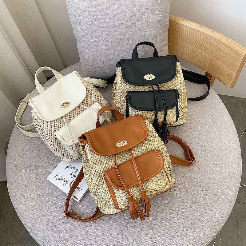 Three straw woven backpacks with varying colors and materials, displayed on a neutral background.