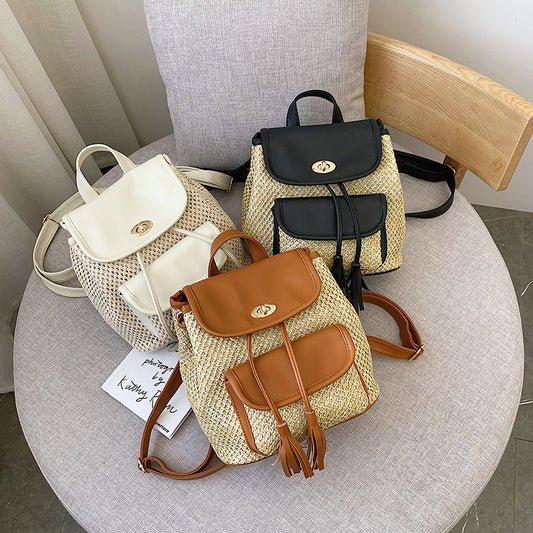 Three straw woven backpacks with varying colors and materials, displayed on a neutral background.