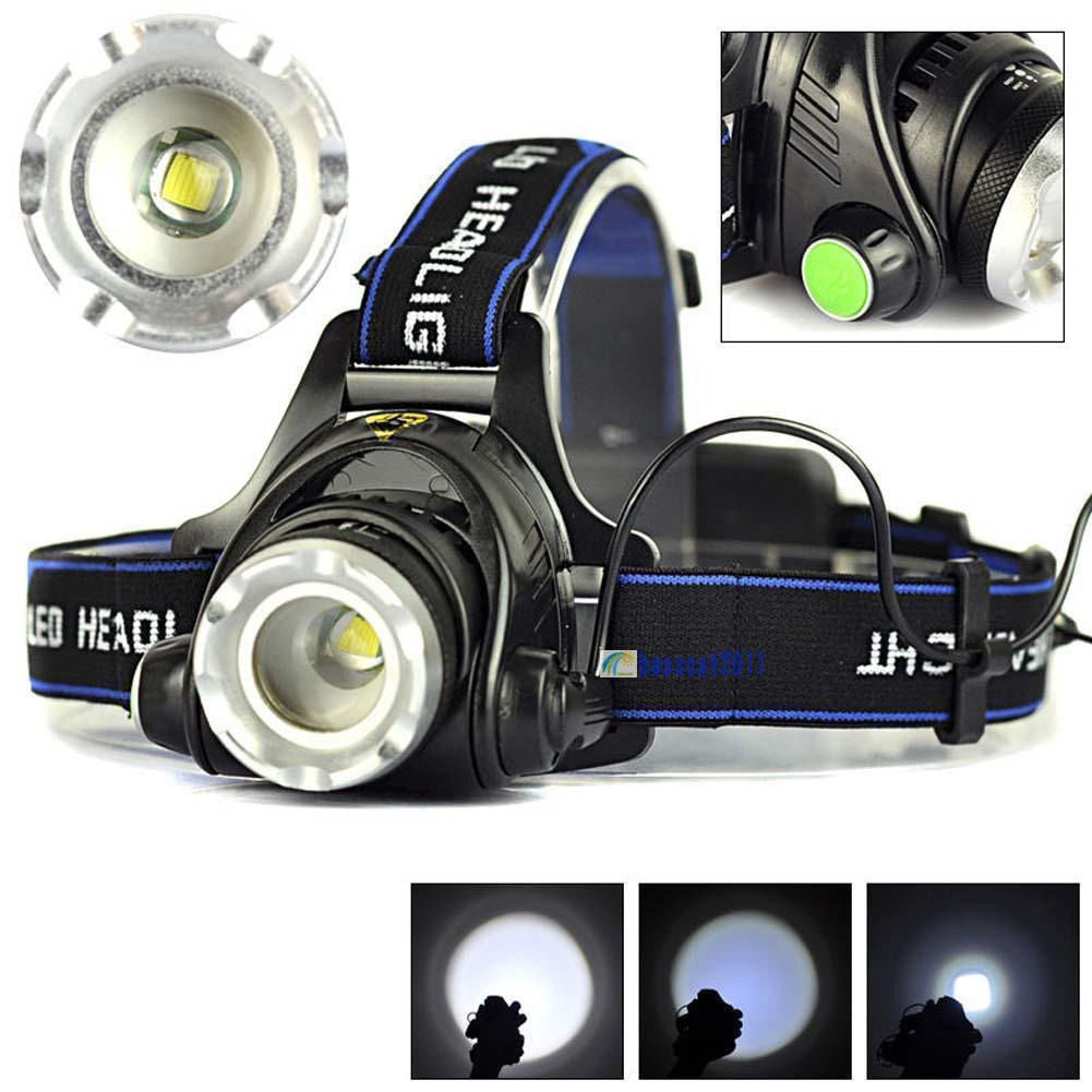 Rechargeable headlamp with LED light source, black and blue in color, includes batteries and a charging base, shown with illumination on and off.