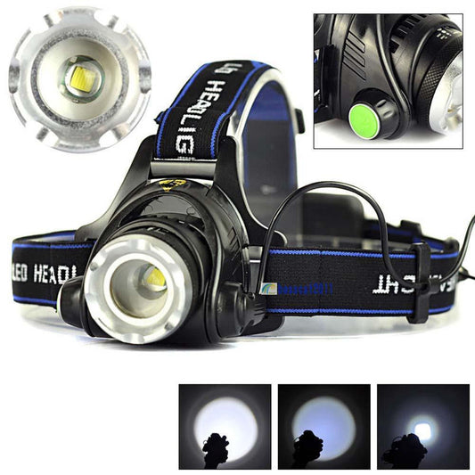 Rechargeable headlamp with LED light source, black and blue in color, includes batteries and a charging base, shown with illumination on and off.