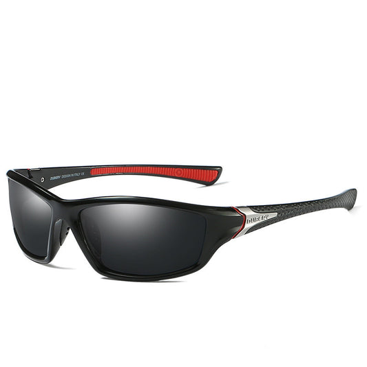 A pair of DUBERY square sports style polarized sunglasses with black frame and red accents on the arms.