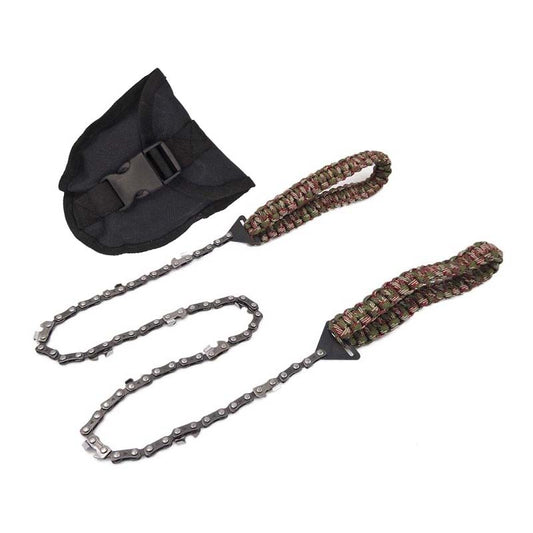 A parachute rope hand saw with a metal chain and two handles, accompanied by a black fabric carrying bag.