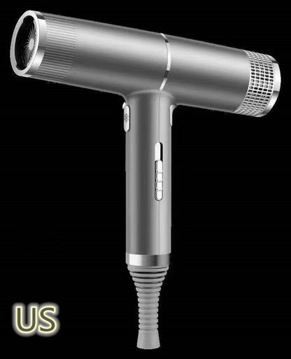 Three hair dryers in silver, red, and gray colors, displayed in a row with their handles in different orientations.