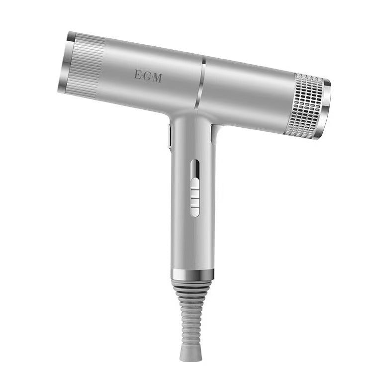 Silver hair dryer with cylindrical design on a white background