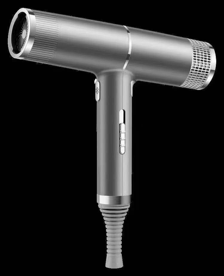 Silver hair dryer on a white background