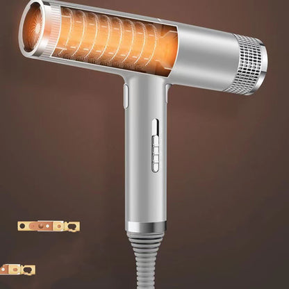 Silver hair dryer with orange interior on a brown background