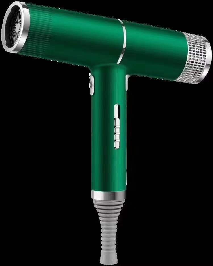 Green hair dryer with silver accents on a white background