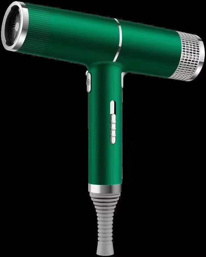 Green hair dryer with silver accents on a white background
