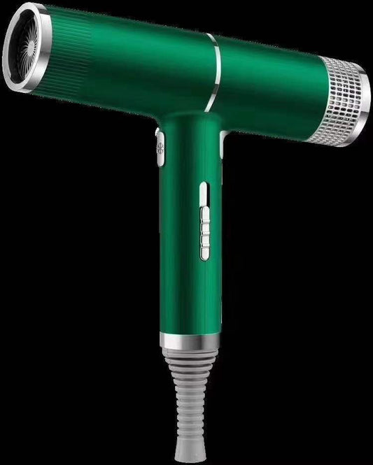 Green hair dryer with silver accents on a white background