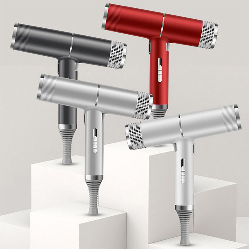 Three hair dryers in silver, red, and gray colors, displayed in a row with their handles in different orientations.