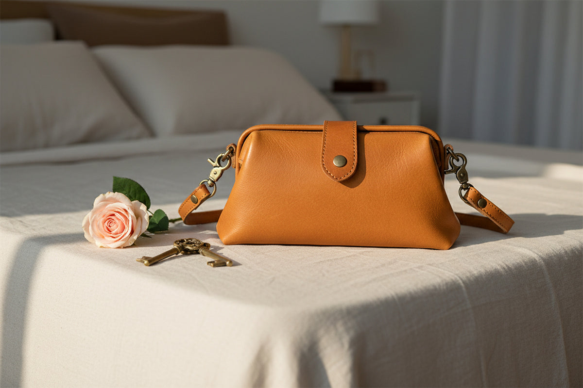 A brown leather purse with a cover type opening, a shoulder strap, and a front flap with a metal snap button.