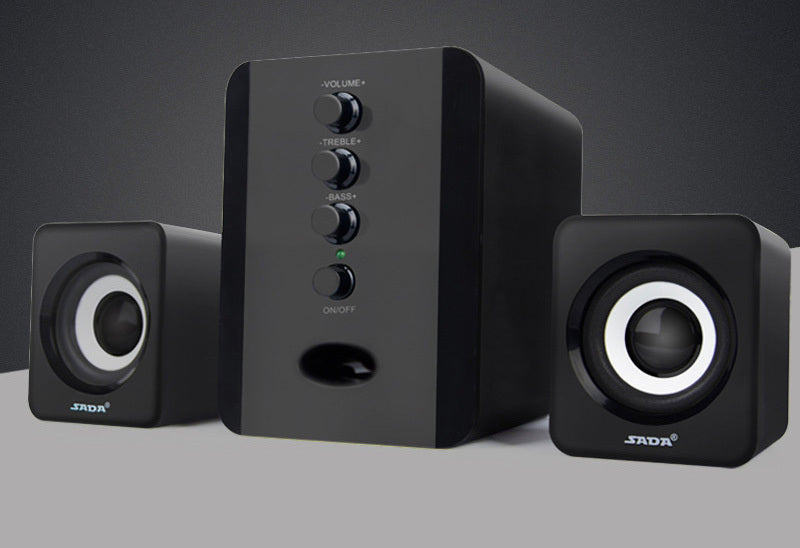 A set of computer speakers with a subwoofer, all in a black color scheme.
