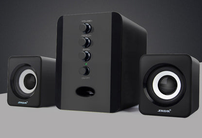 A set of computer speakers with a subwoofer, all in a black color scheme.