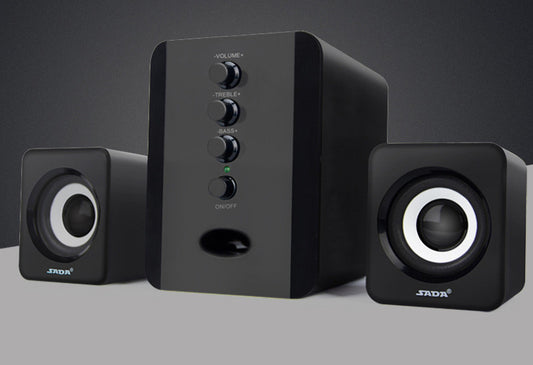 A set of computer speakers with a subwoofer, all in a black color scheme.