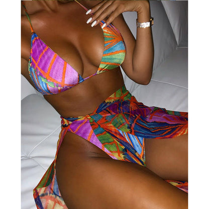 Colorful bikini set against a neutral background