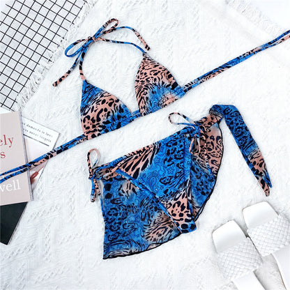 Women's Leopard Print Three-Piece Bikini Set | High-Waist Swimsuit
