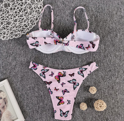 Women's Butterfly Print Bikini Set | Backless Two-Piece Swimsuit in Pink