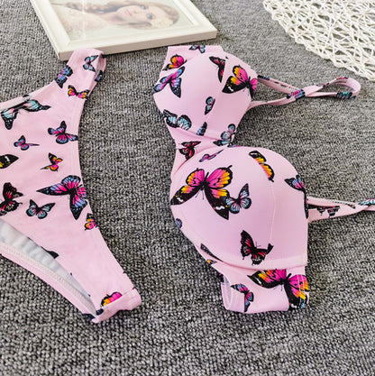Women's Butterfly Print Bikini Set | Backless Two-Piece Swimsuit in Pink