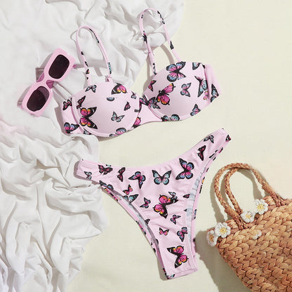 Women's Butterfly Print Bikini Set | Backless Two-Piece Swimsuit in Pink