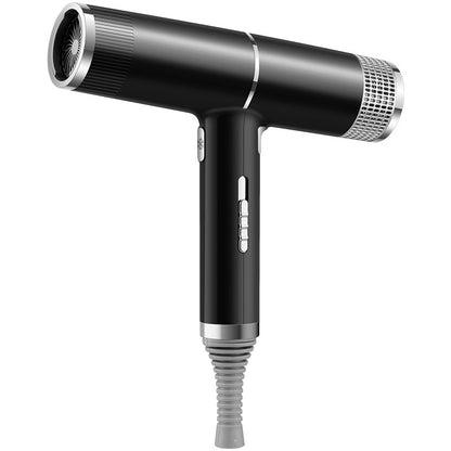 Black and silver hair dryer on a white background