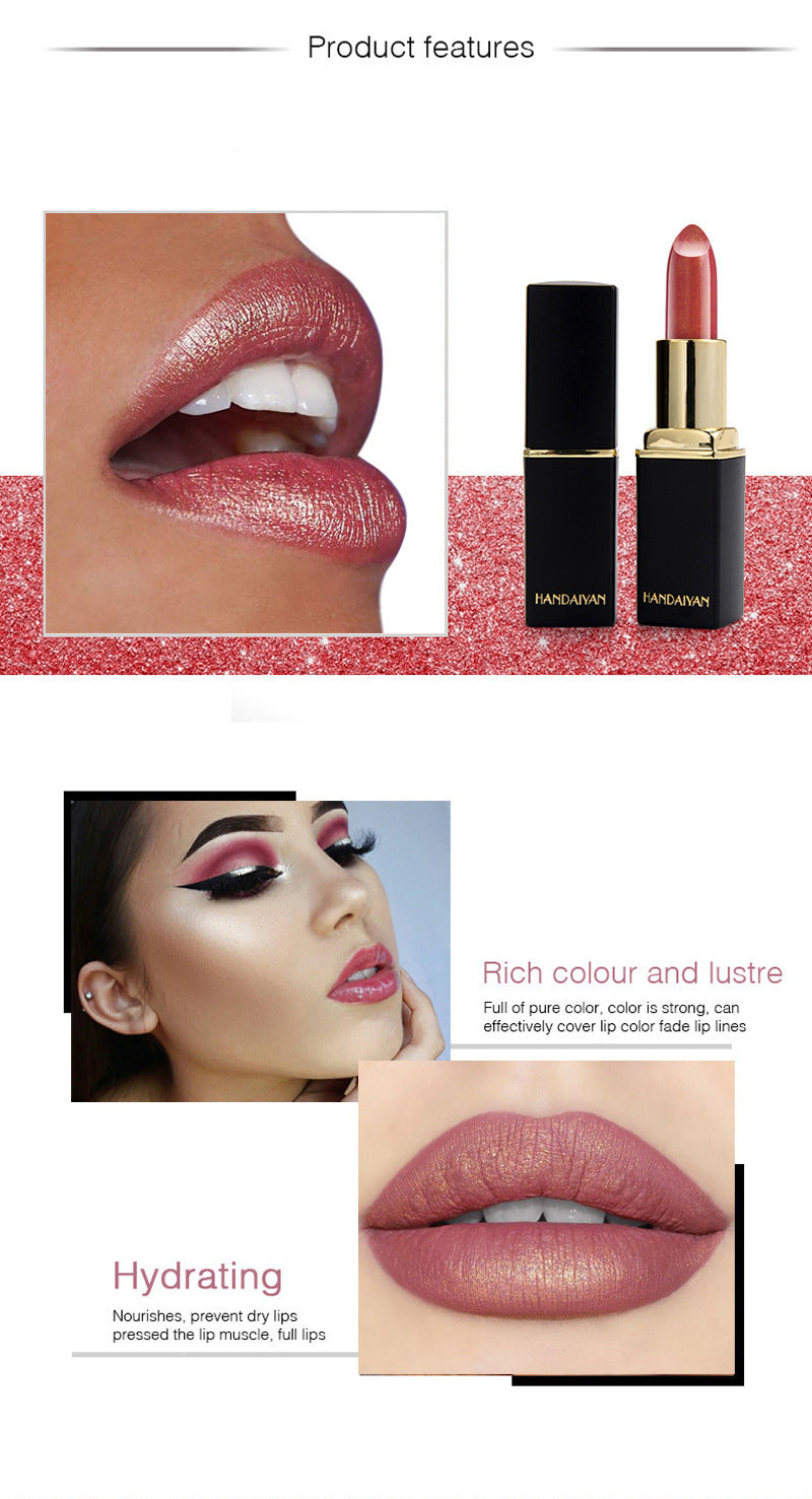 Lipstick with close-up of lips and product features on a white background.