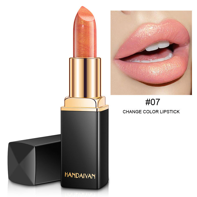 Lipstick with gold cap and black casing, and a close-up of lips with pink lipstick.