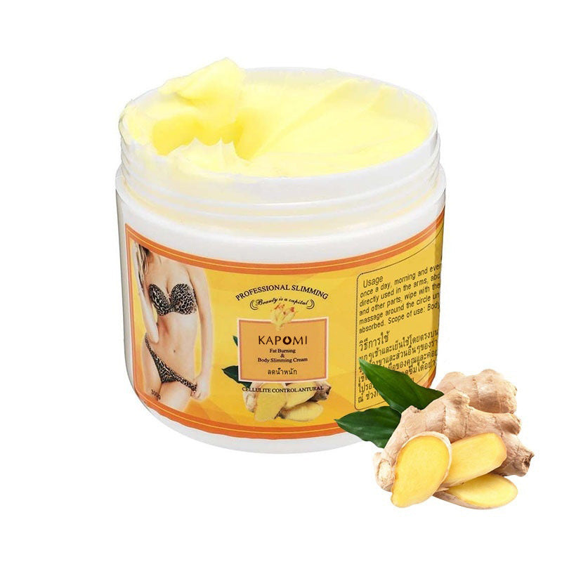 Jar of Kapomi fat burner with ginger root on a white background