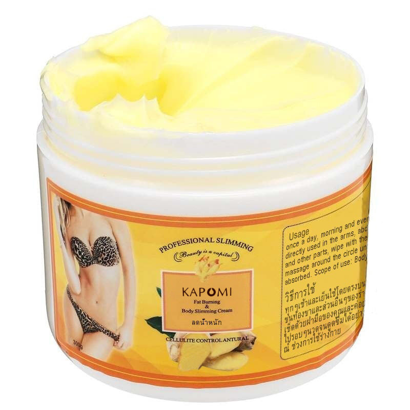 Container of body slimming cream with label visible.
