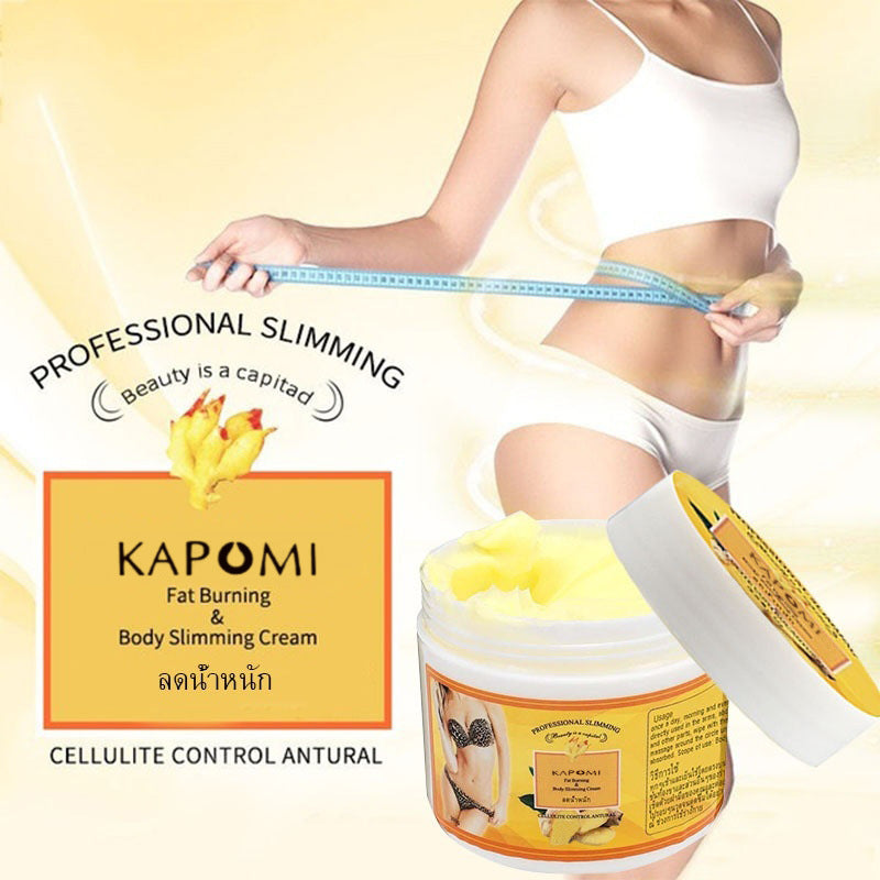 An advertisement image showing a container of KAPOMI body slimming cream with a yellow label. In the background, a person is measuring their waist with a measuring tape.