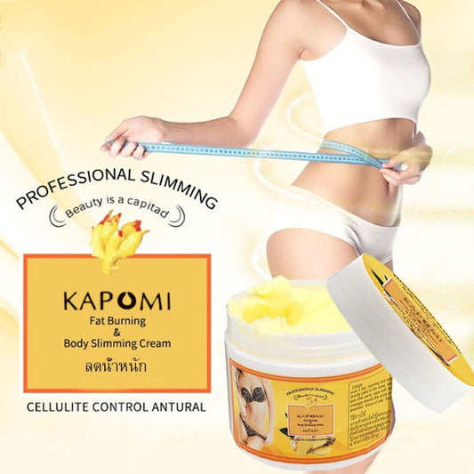 An advertisement image showing a container of KAPOMI body slimming cream with a yellow label. In the background, a person is measuring their waist with a measuring tape.
