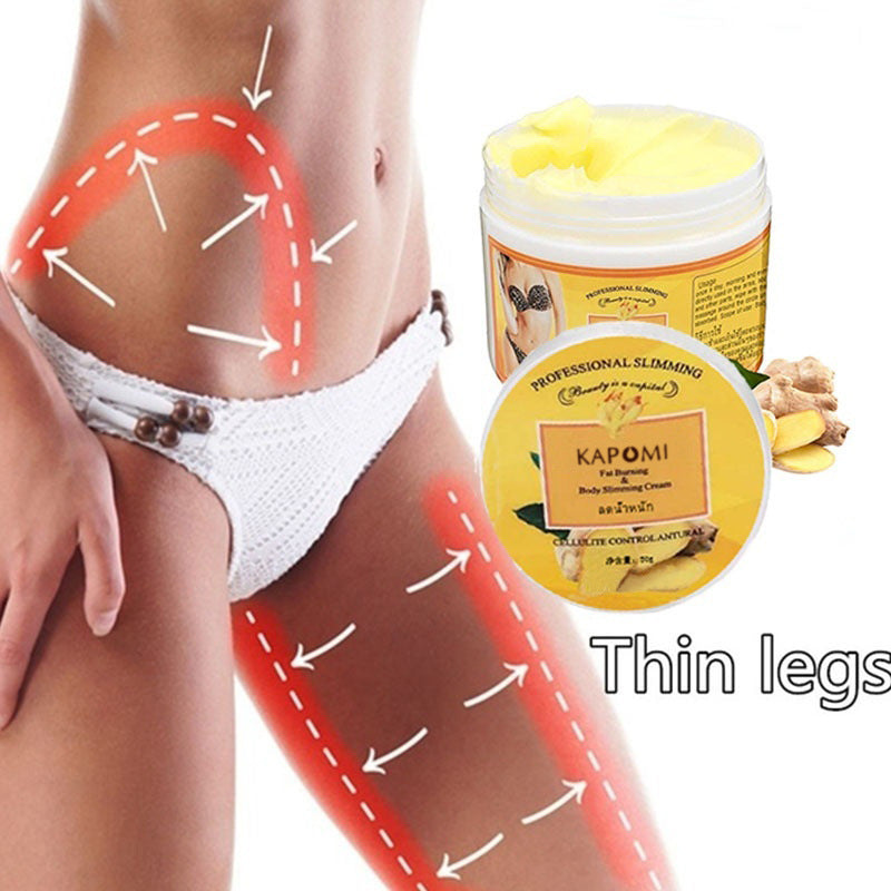 Advertisement for a slimming cream with a jar and packaging displayed.