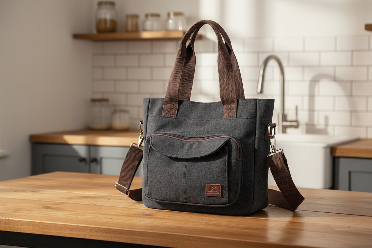 A large-capacity one-shoulder messenger bag in black with brown straps and accents, made of canvas fabric, with multiple compartments including a front pocket and side pockets.