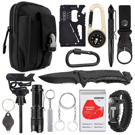 A collection of outdoor survival tools including a multifunctional knife, flashlight, compass, and other items displayed against a white background.