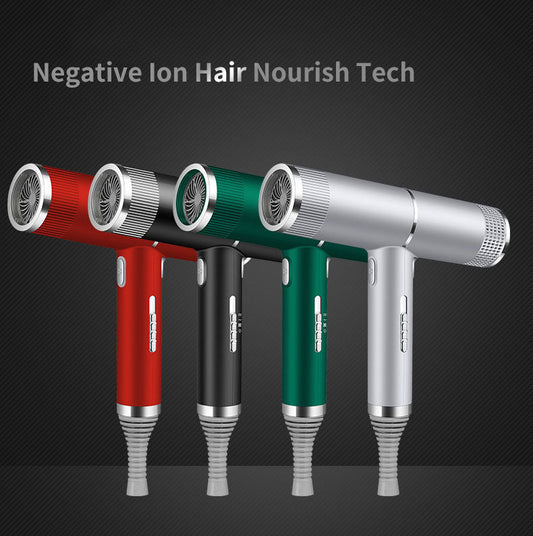 A collection of hair dryers in various colors including silver, red, gray, black, green, and purple, showcasing the negative ion nourish technology.