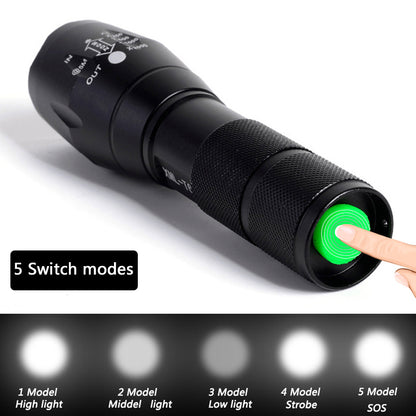 Black flashlight with green button and light modes displayed.