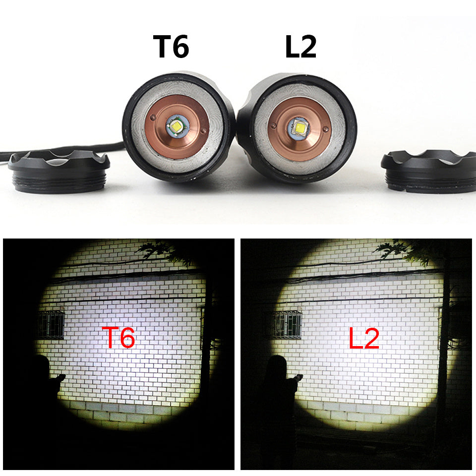 Two LED light bulbs with labels T6 and L2, and their light output comparison on a wall.