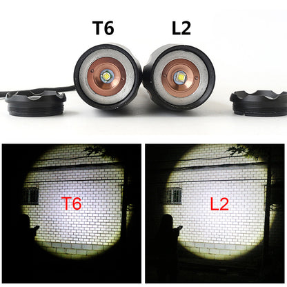 Two LED light bulbs with labels T6 and L2, and their light output comparison on a wall.