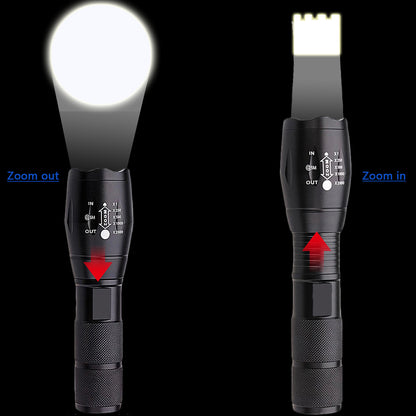 Black flashlight with zoom功能, shown from the front and side.
