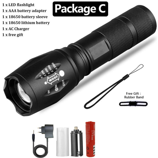 The image shows a black LED flashlight with accessories including a battery adapter, a battery sleeve, an AC charger, and a rubber band. The package also includes a free gift as indicated by the 'Package C' label.