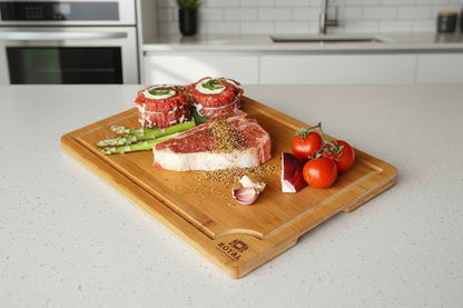 Wooden cutting board with raw steak, vegetables.