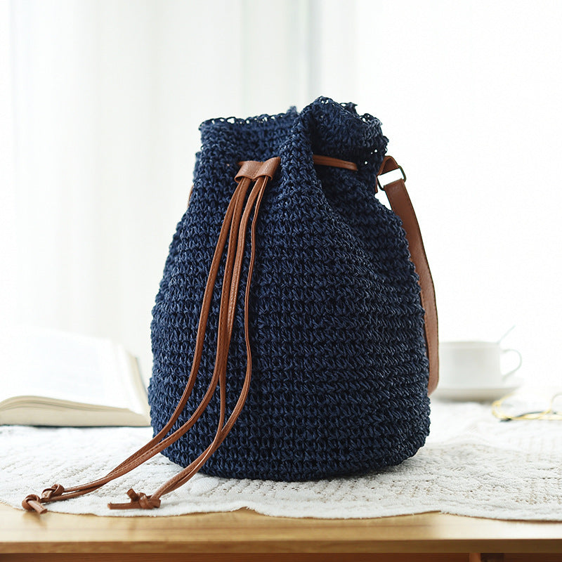 Women's Woven Straw Bucket Bag – Boho Drawstring Rattan Shoulder Bag