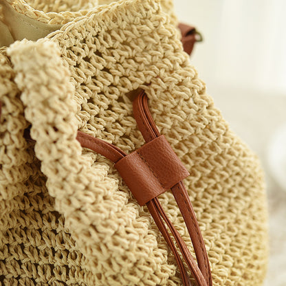 Women's Woven Straw Bucket Bag – Boho Drawstring Rattan Shoulder Bag