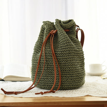Women's Woven Straw Bucket Bag – Boho Drawstring Rattan Shoulder Bag