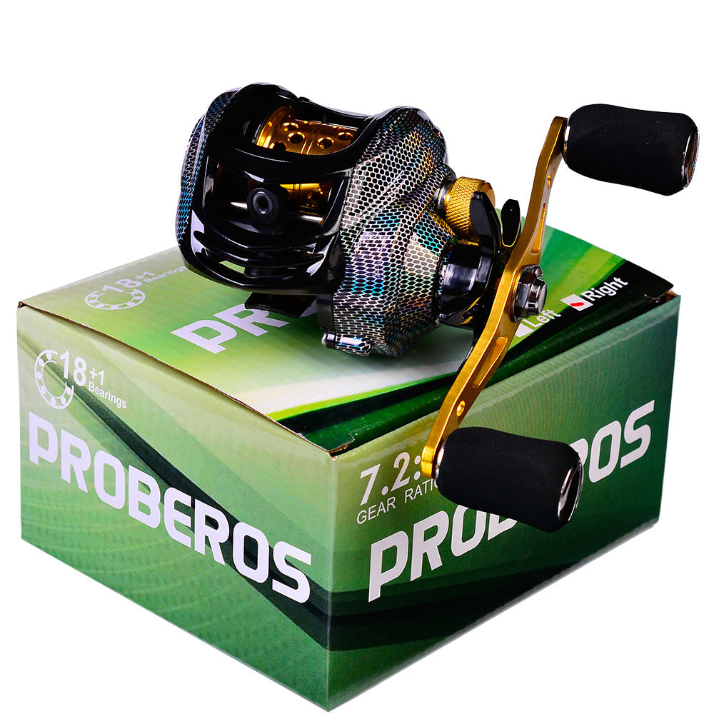 A metal spool baitcasting fishing reel displayed on top of its packaging box with 'PROBEROS' branding.