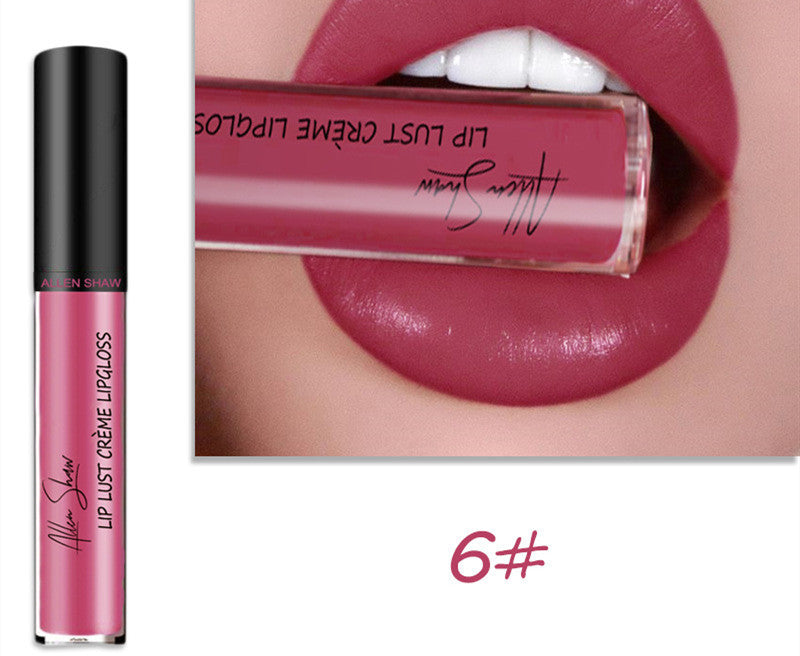 Pink lip gloss with close-up of lips and product.