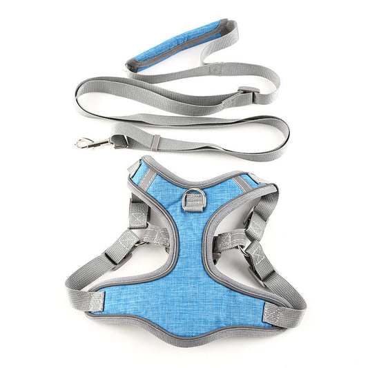 A vest-style cat and dog leash in blue and gray colors, displayed with adjustable straps and a small bell attached.