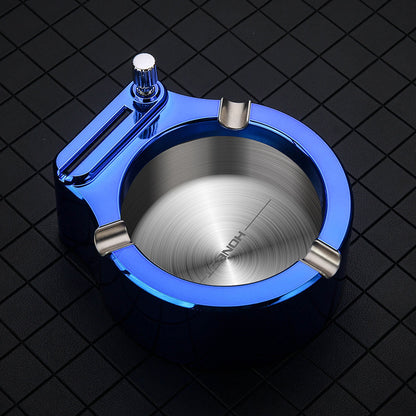 Metal Ashtray with Built-In Permanent Match Lighter – 10,000 Strike Reusable Flint